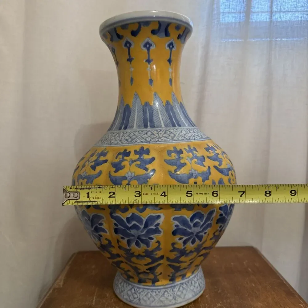 14” Qianlong Style Blue White Yellow Glaze Porcelain Flower‎ Zun Bottle Vase VTG